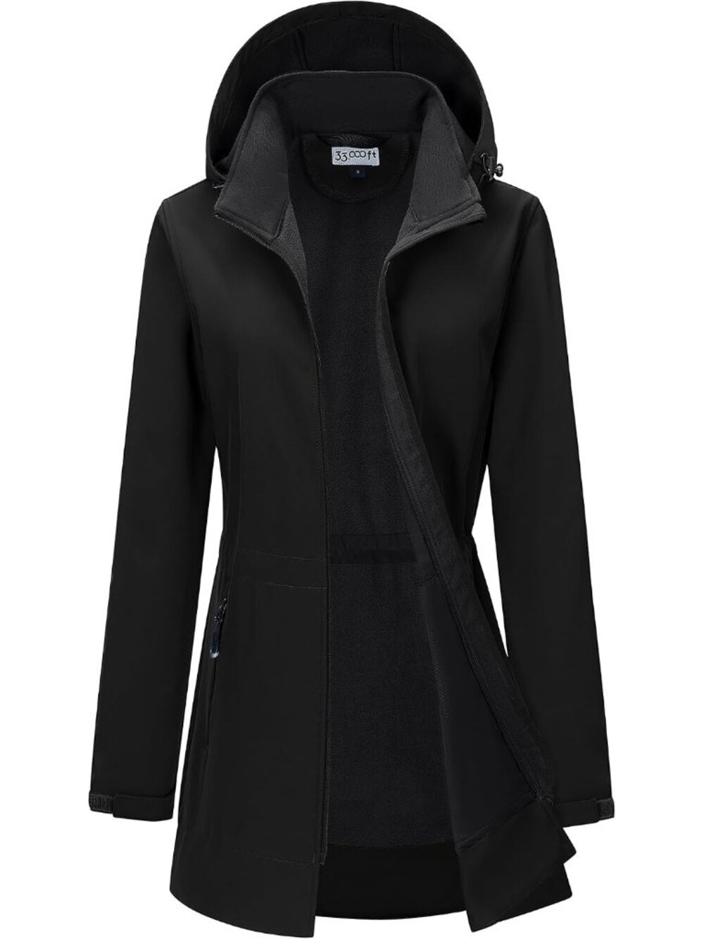 Women's Black Hooded Fleece Lined Softshell Full Zip Long Waterproof Rain Jacket